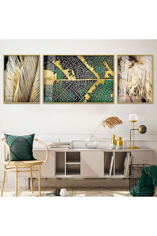Gold Metal Çerçeveli Yaprak Deseni Üçlü Kırılmaz Cam Tablo Seti