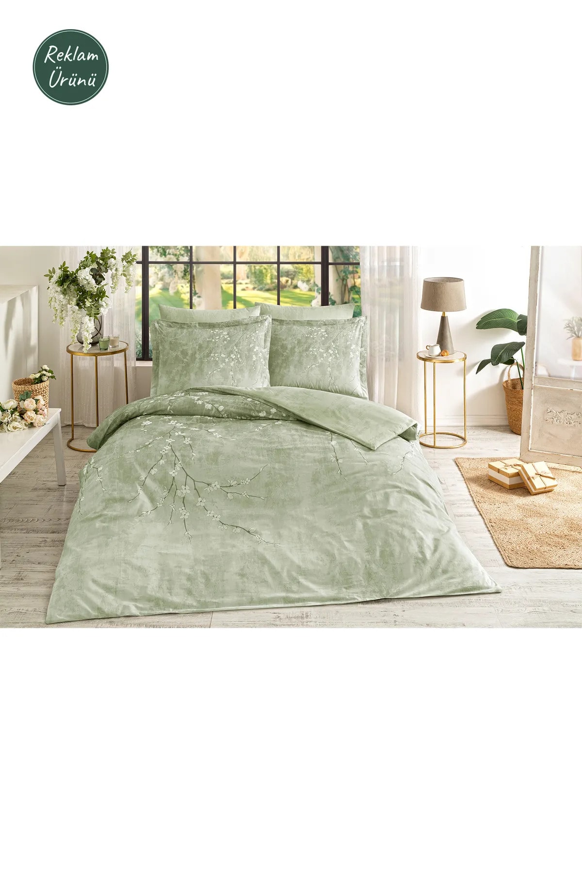 Yeşil White Sakura King Size Lastikli Çarşaf Nevresim Takımı