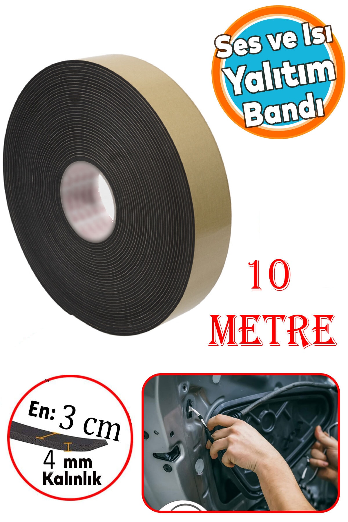 Araç Oto Ses Isı Yalıtım İzolasyon Bandı Yapışkanlı Bant Epidyen Sünger En 30 mm Kalın 4 mm 10 Metre