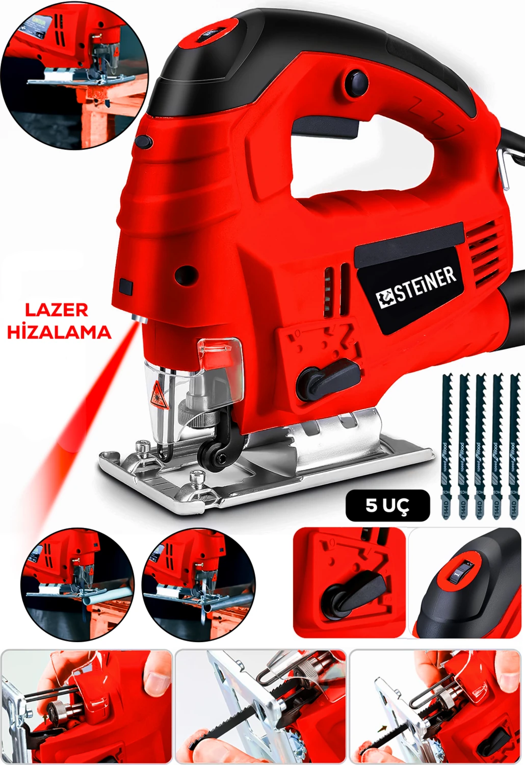 Alman 4600 W Lazerli Sjs Metal Şanzuman 6 Kademe Devirli Pandül Ayarlı Dekupaj Testere Makinesi 5 Uç Kırmızı