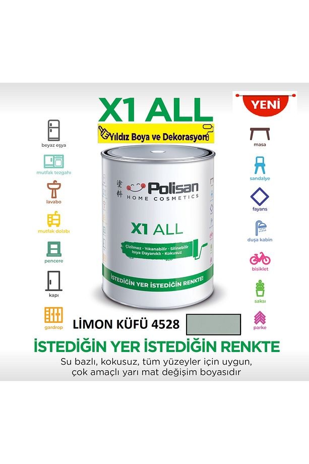 X1 ALL Her Yeri İstediğini Boya-Çizilmez-Yıkanabilir-Isıya Dayanıklı-Kokusuz-Limon Küfü0.75L