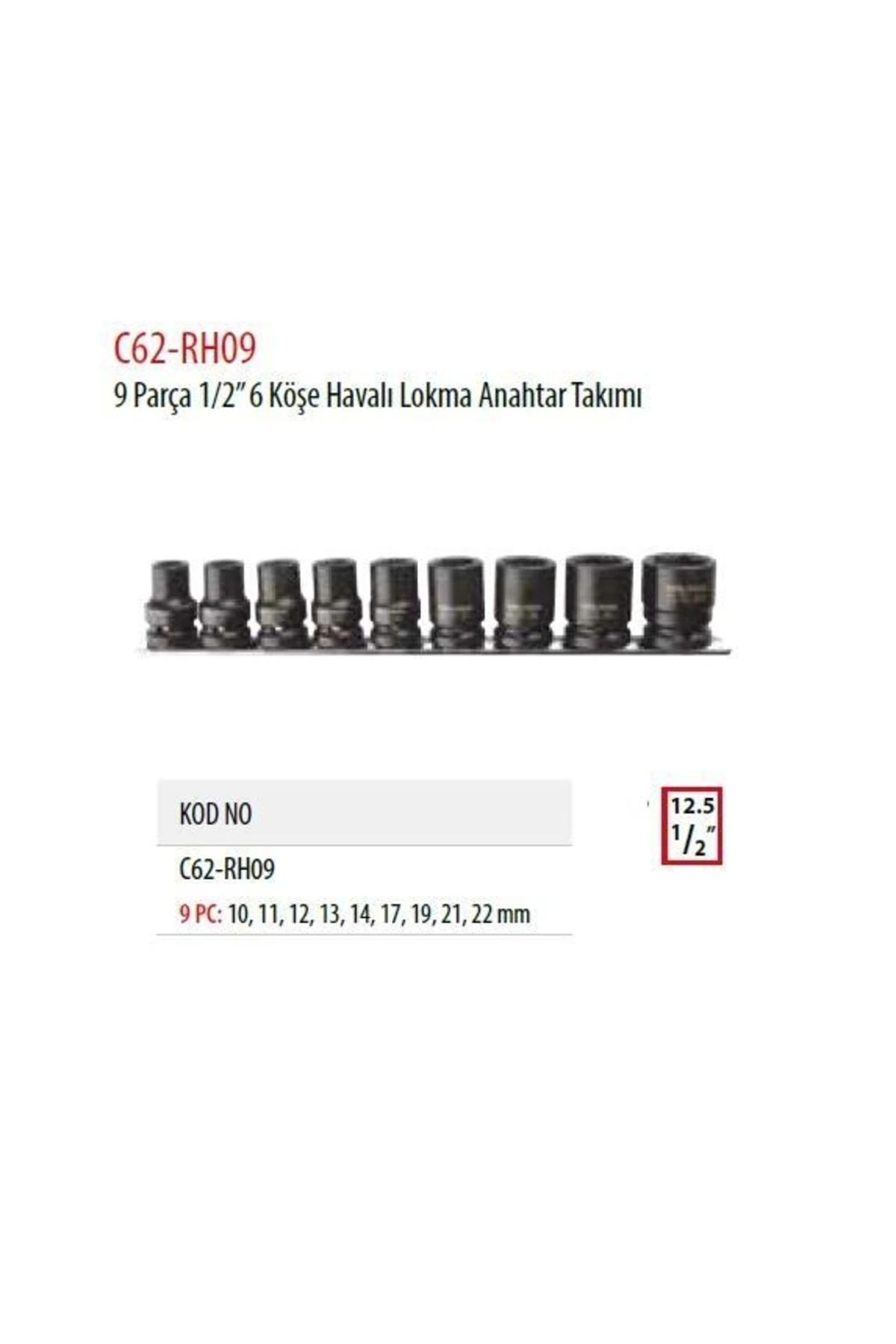 C62-rh09 9 Parça 1/2'' 6 Köşe Havalı Lokma Anahtar Takımı