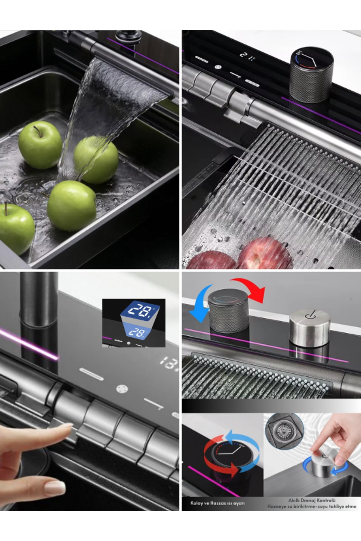 Mutfak Evyesi Dijital Göstergeli Led Panel- Teknolojik Akıllı Eviye Seti Bal Peteği Yüzey SİYAH