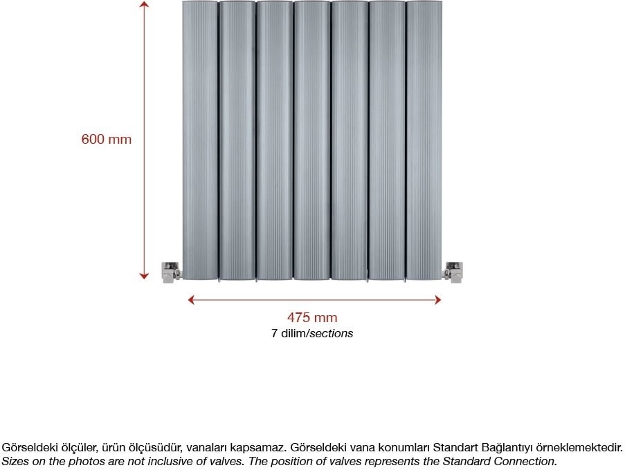 600 x 475 mm Amber Yatay Gümüş Gri Alüminyum Radyatör Standart Bağlantı