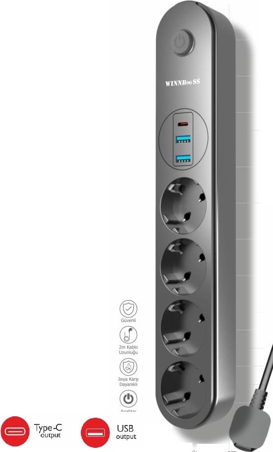 Termal Akım Korumalı USB Ve Type C 2.1A Şarj Çıkışlı 10A 2500W 4'Lü Uzatma Grup Priz