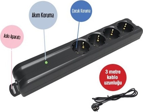 Sp-404 3 Metre 4 Yollu Akım Korumalı Priz