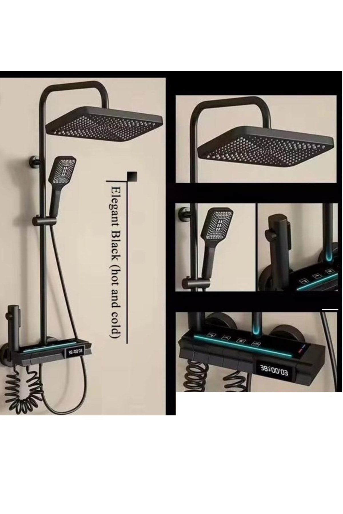 SİYAH DIJITAL EKRAN  PİYANO FONKSİYONEL AKILLI DUŞ SİSTEM BANYO BATARYA ROBOT YAĞMURLAM AMBİYANS LED