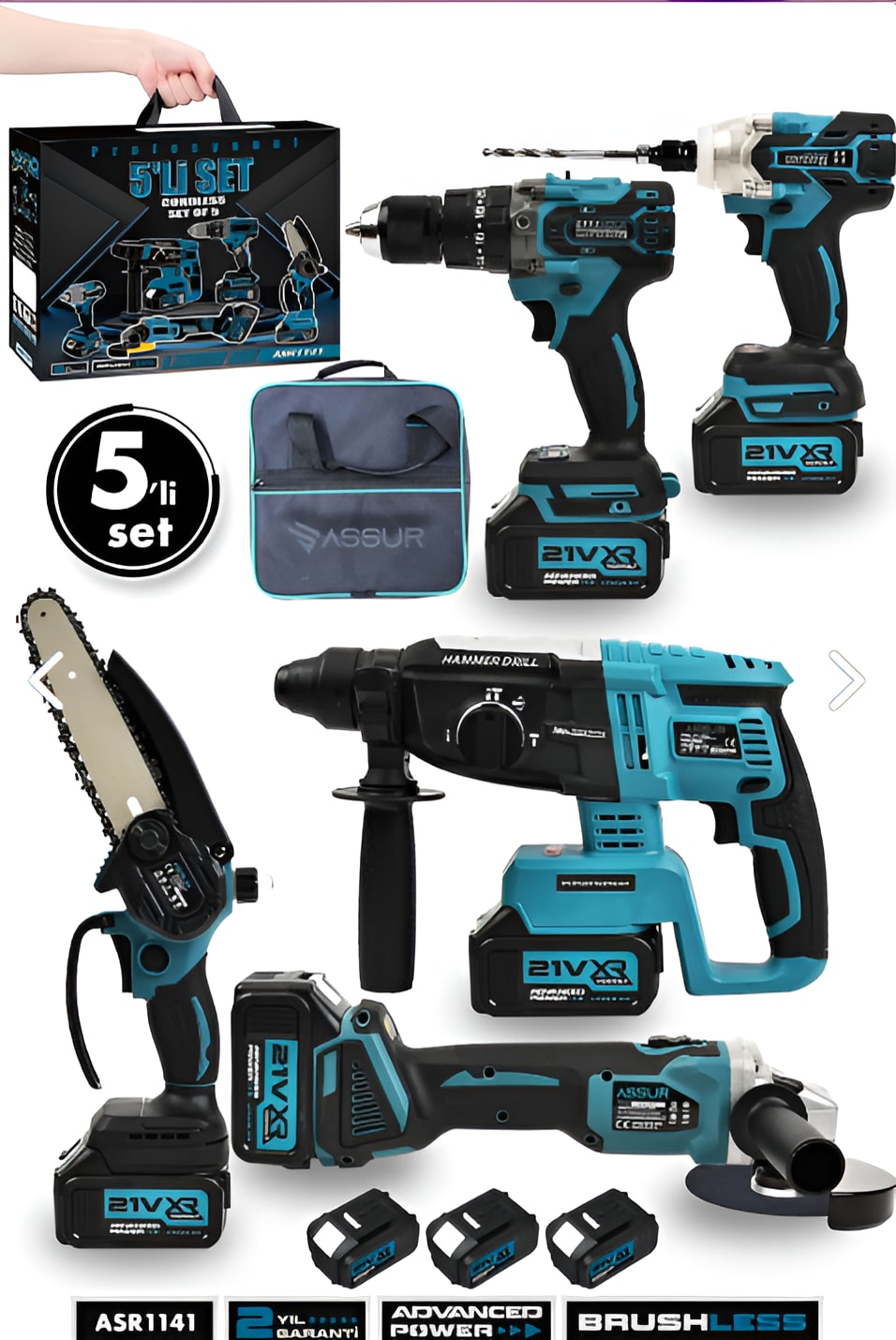 Assur 21V 2.0AH Kömürsüz Darbeli 5'li Set Şarjlı Hilti + Taşlama + Somun Sıkma + Akülü Vidalama + Budama Testeri