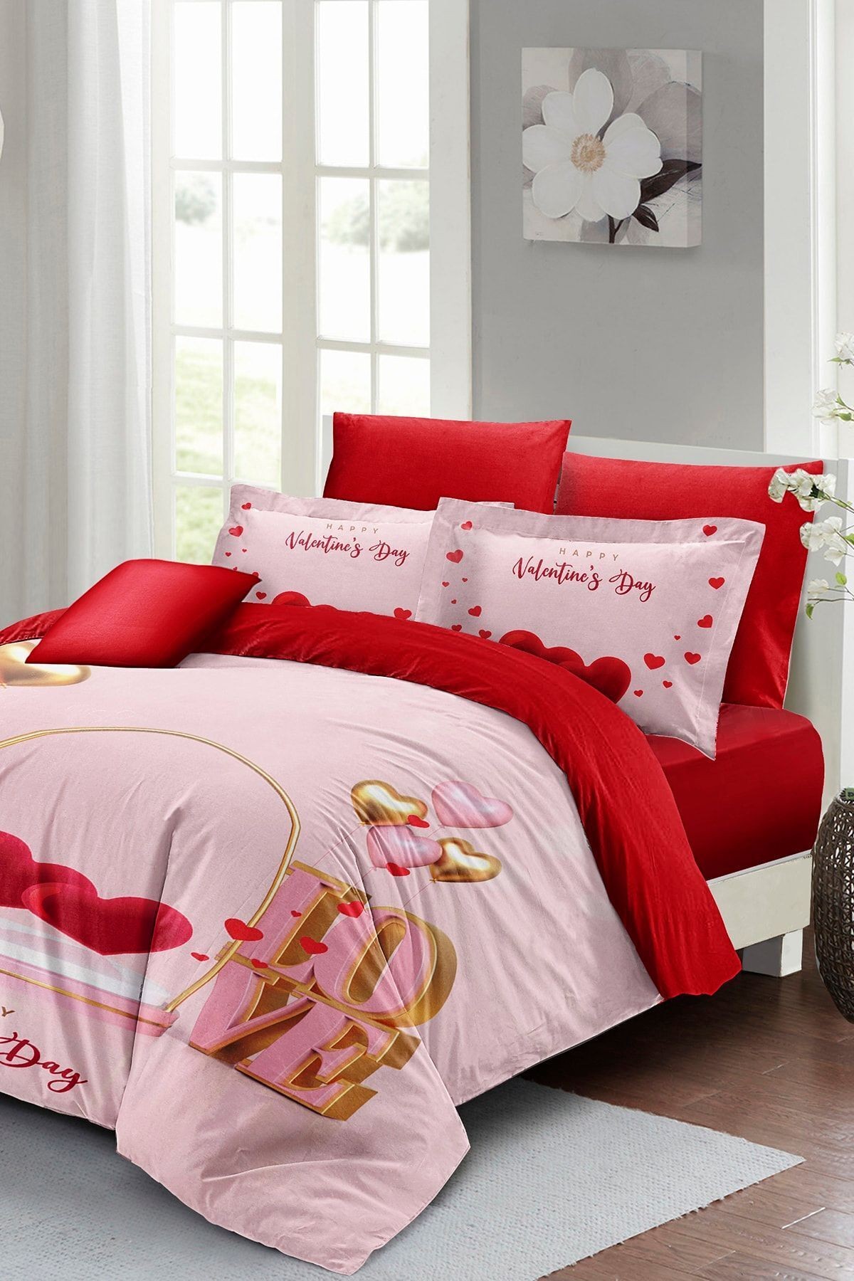 Çift Kişilik ( Lastikli Çarşaflı ) Sevgililer Günü Nevresim Takımı % 100 Pamuk Saten Valentine's