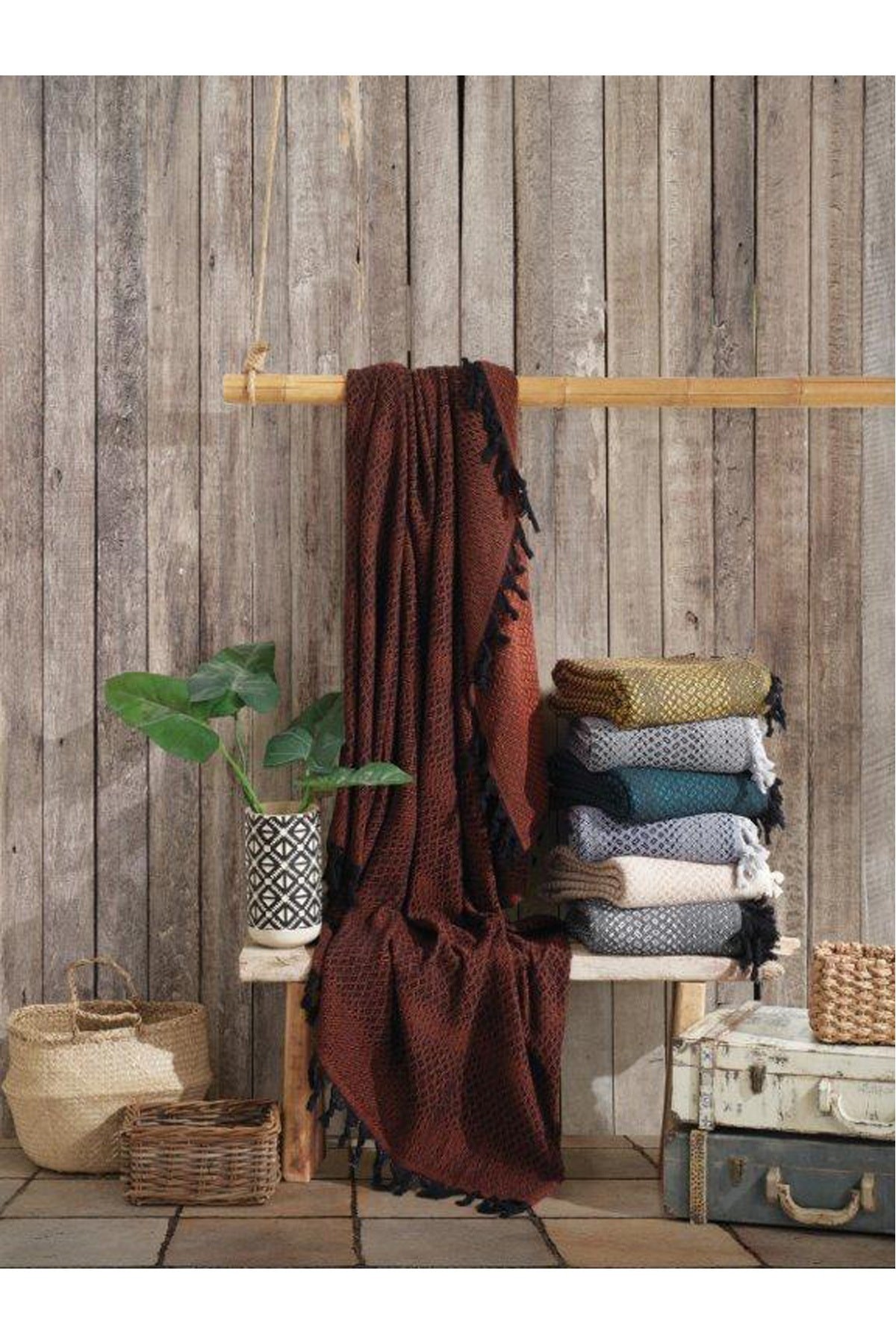 Çift Kişilik Saçaklı Pike 200 X 235 Kiremit Siyah