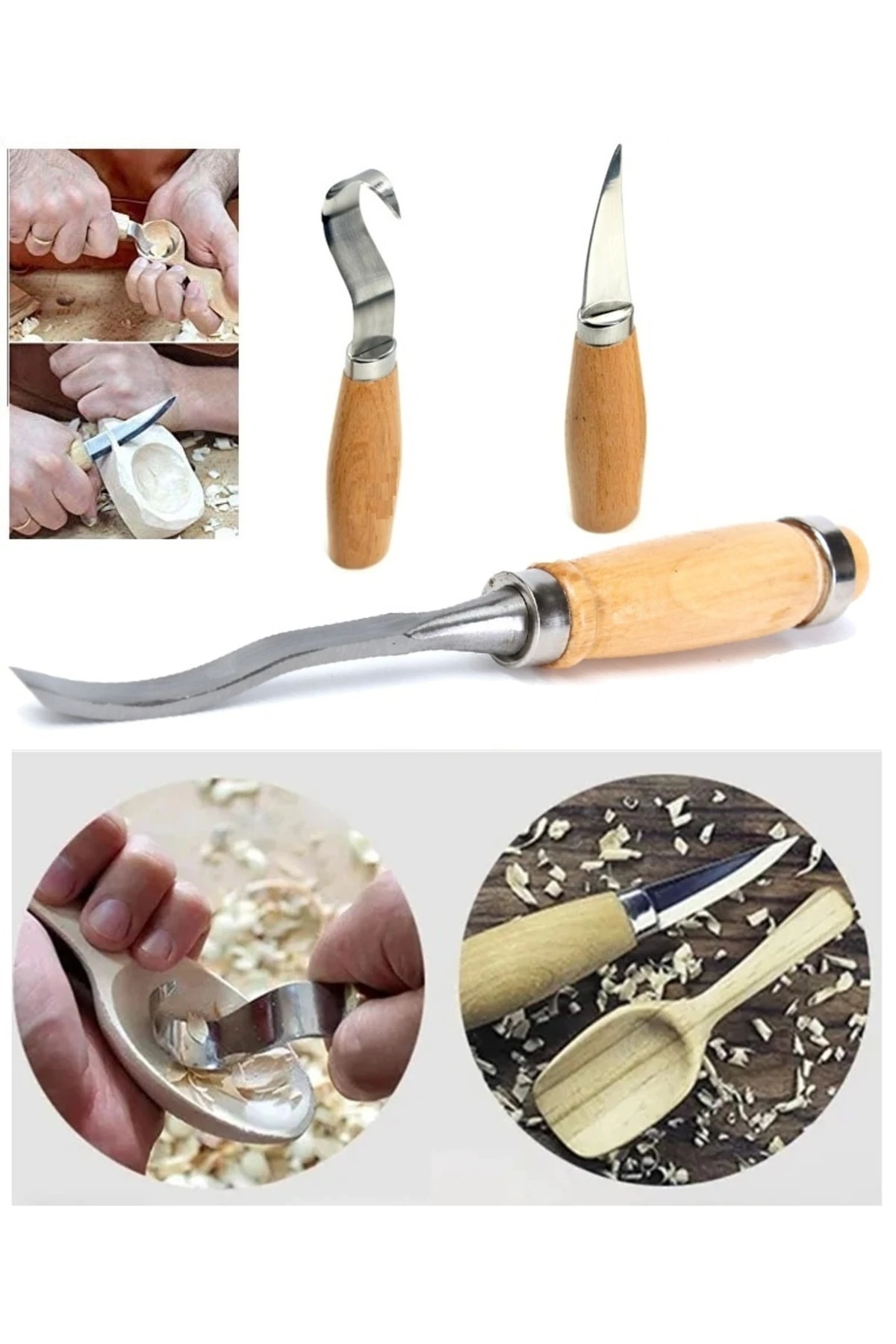 Ahşap Oyma Bıçak Alet Seti Kaşık Kuksa Oval Düz Oyma Yontma Bıçağı 3 Parçalı Set