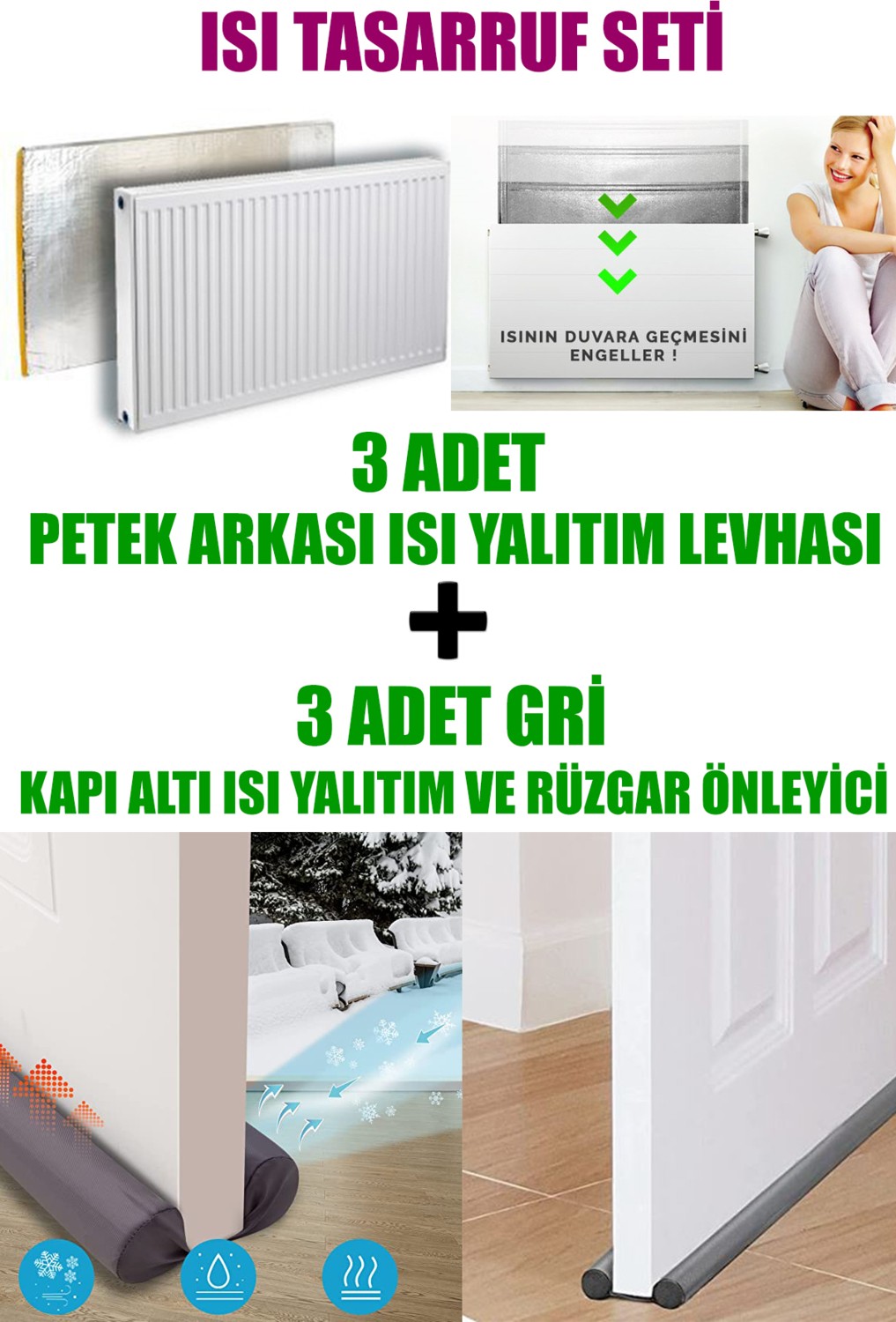 Ankaflex 3 Adet Kalorifer Peteği Arkası Isı Yalıtım Levhası ve 3 Adet Kapı Altı Rüzgar ve Ses Önleyici