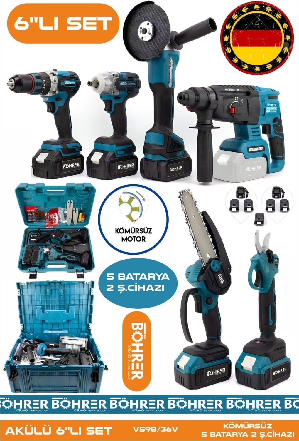 Alman 5 Akülü 2 Şarjlı Kömürsüz V598 5AH Profesyonel 6 Makine Kombo Set ,mavi Tek Çanta