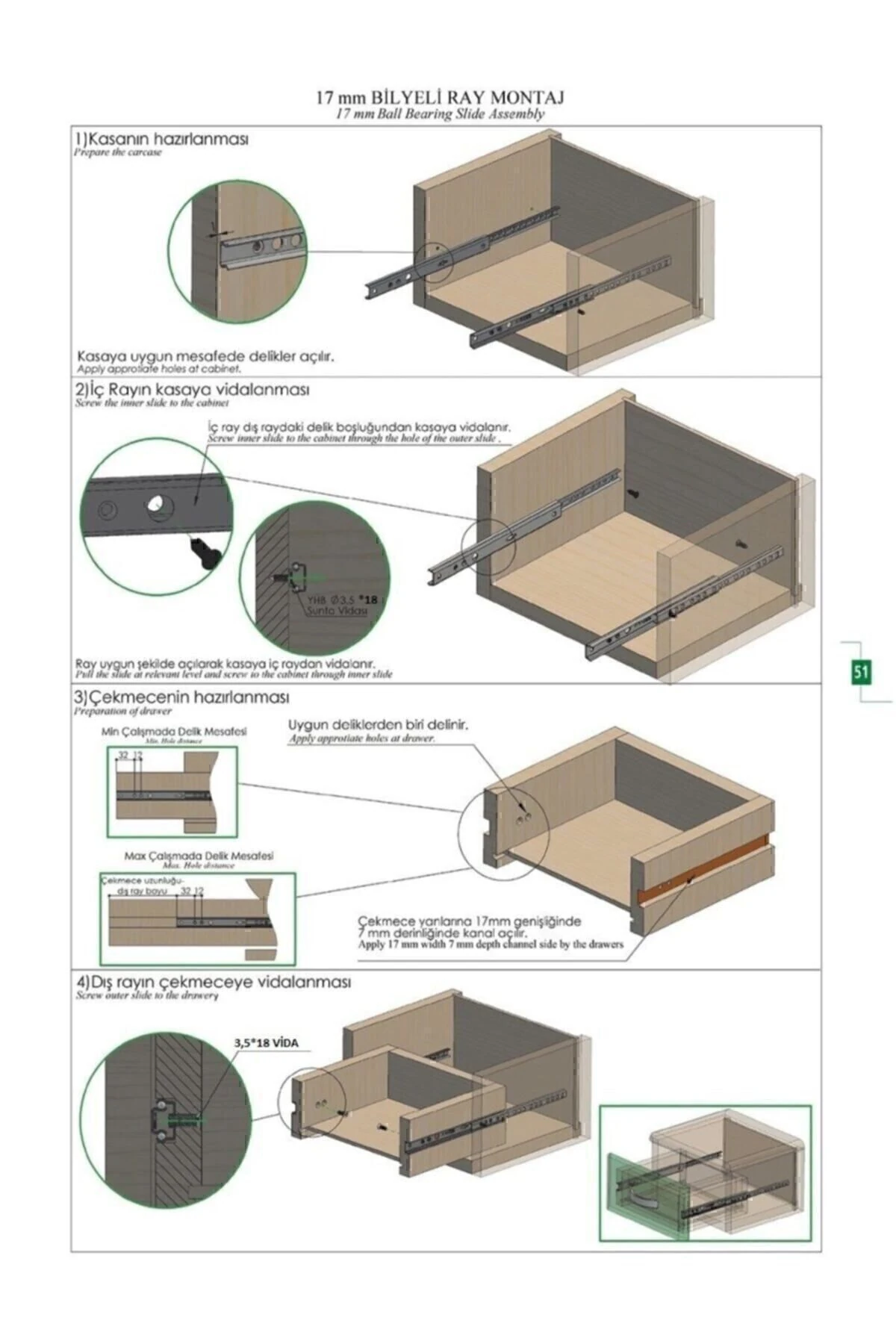 17mm Gömme Ince Teleskopik Bilyeli Dolap Çekmece Rayı 34,2cm