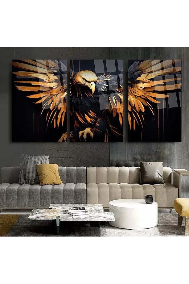 3 LÜ ALTIN KANATLI KARTAL TABLO SET CAM TABLO KIRILMAZ CAM TABLO ULTRA CANLI RENKLER