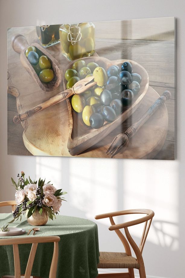 Siyah Ve Yeşil Zeytin | Mutfak Temalı Cam Tablo | 50x70 Cm