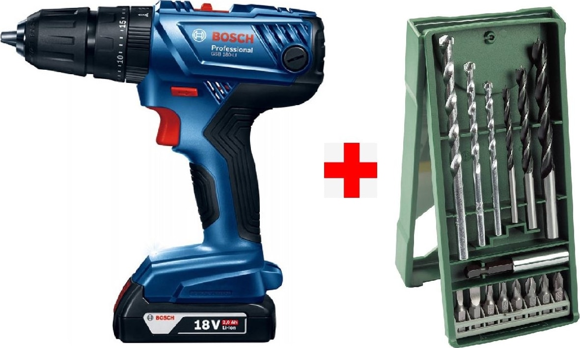 BOSCH Gsb 180-LI 18V 2AH Darbeli Akülü Vidalama Şarjlı Matkap + 15 Parça Matkap Ucu ve Vidalama Ucu Seti