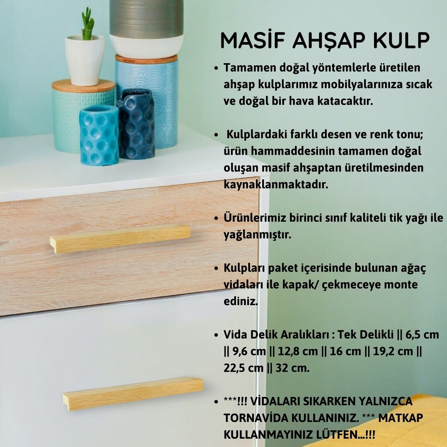 2 Adet Modern Tasarım Çekmece Dolap Kulpu, Masif Ahşap Kulp, Mobilya Mutfak Dolabı Kulpları