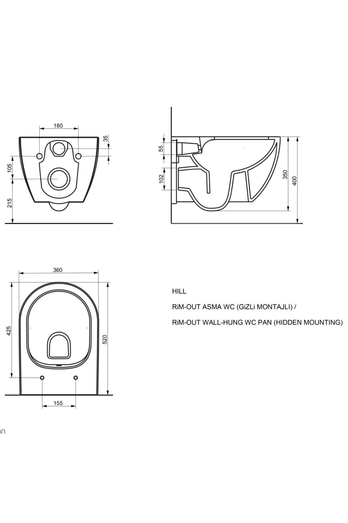 Hill Rimout Mat Antrasit Asma Klozet A031291k, Yavaş Kapak