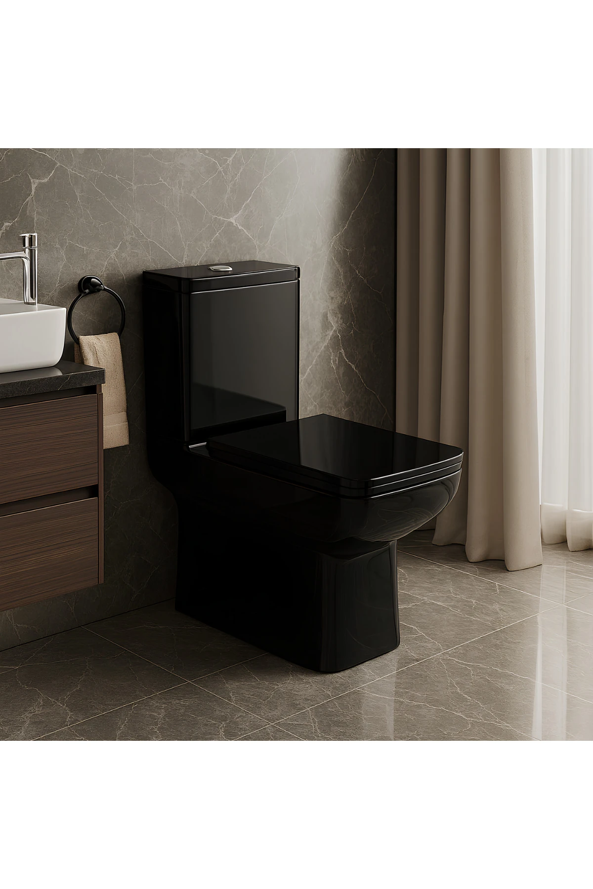 Power Siyah Duvara Sıfır Klozet Takım POW.K022B, Power Siyah Duroplast Yavaş Kapak