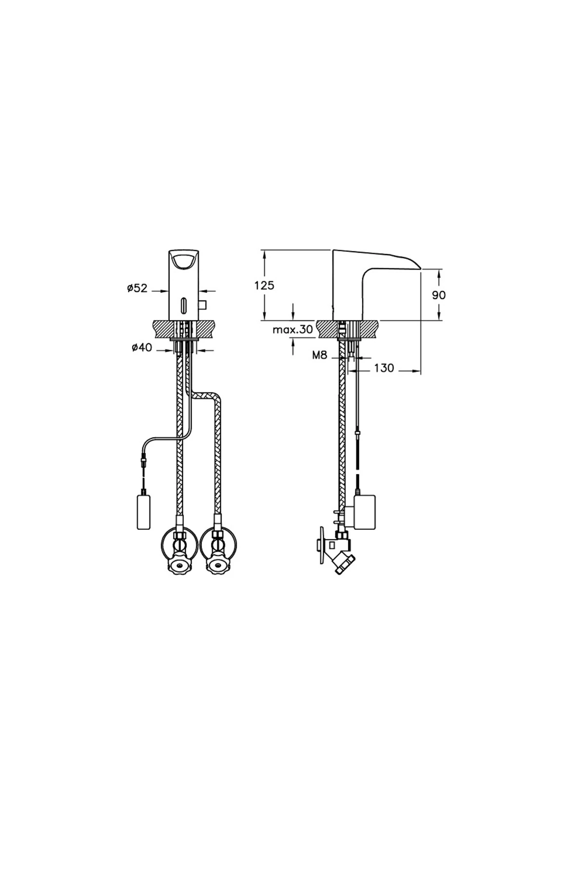 A47076  AquaSee Fotoselli Lavabo Bataryası (Şelale Akışlı, Çift Su Girişli, Elektrikli)