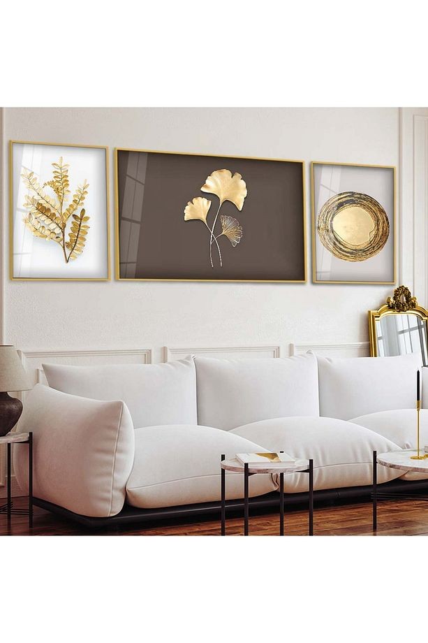 Gold Metal Çerçeveli Kolaj Çizim Altın Çiçek Üçlü Kırılmaz Cam Tablo Seti