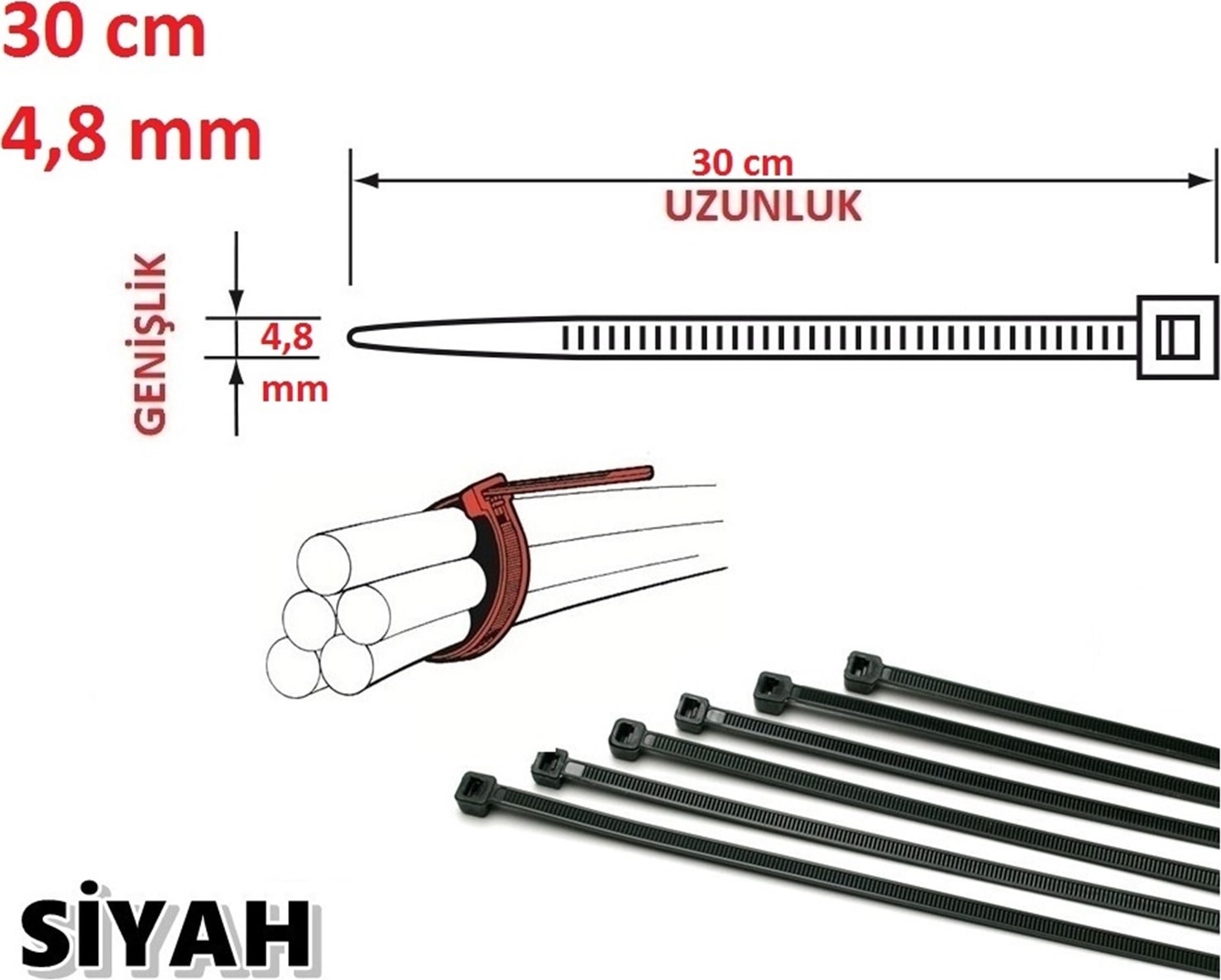 30cm x 4,8mm Plastik Cırt Kelepçe ( Kablo Bağı ) Siyah