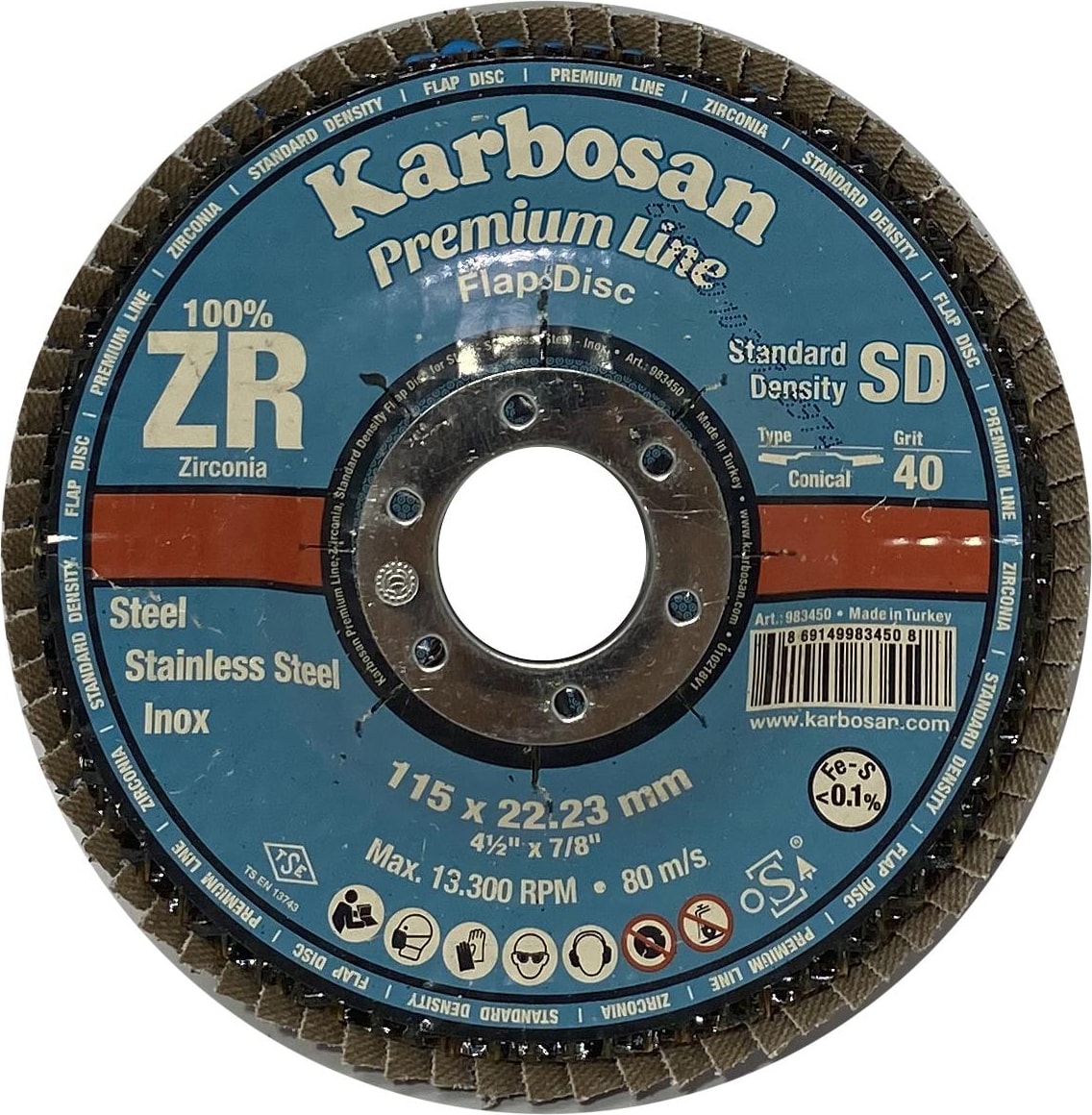 KARBOSAN 115X22.23MM 4-1/2''x7/8'' 40 Kum Flap Disk 10 Adet