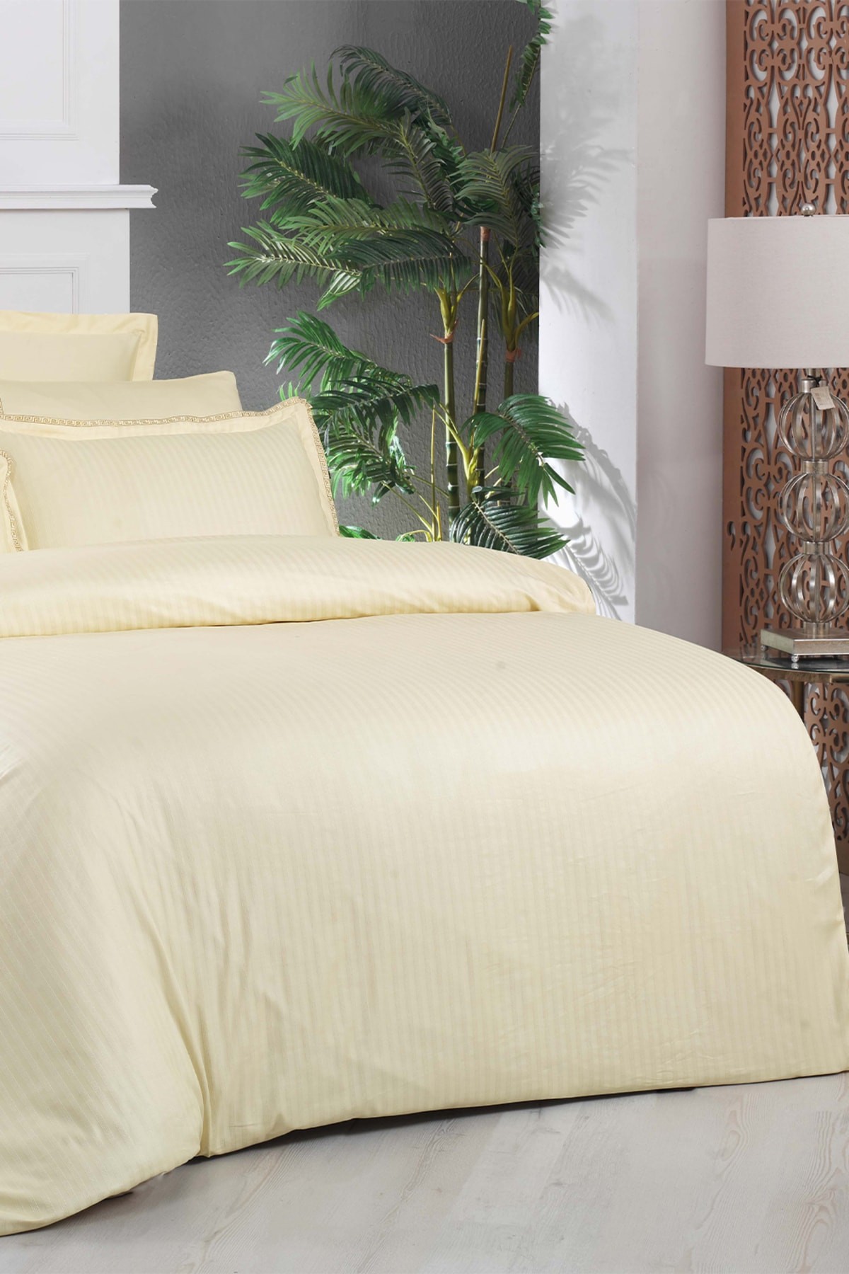 Jacquard Stripe Sarı Çift Kişilik 260 Tc %100 Pamuk Saten Nevresim Takımı