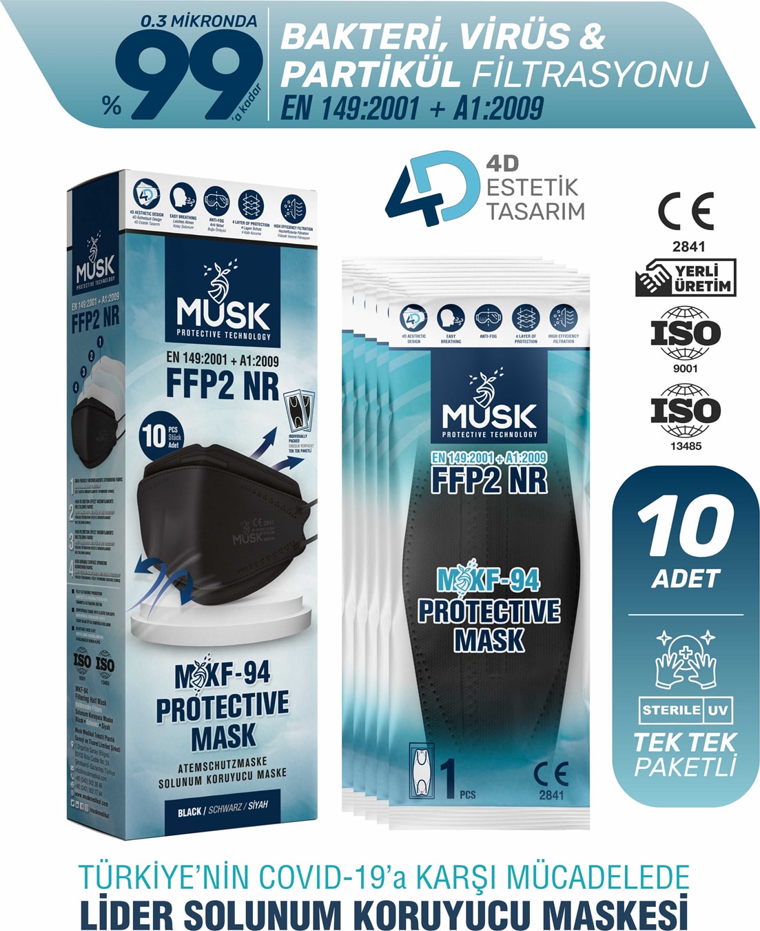 KF94 Kore Tipi N95 Maske Siyah Renk 10 Adet