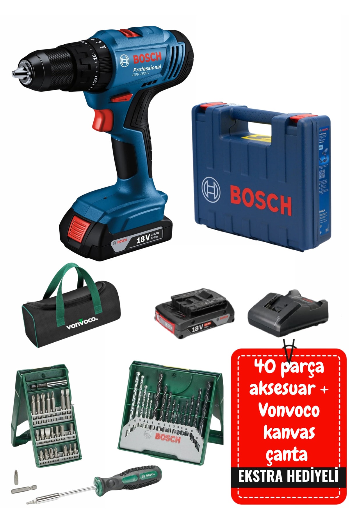 BOSCH Gsb 183 li Tek Akülü Matkap Vidalama Mavi Profesyonel Darbeli Şarjlı Matkap (HEDİYELİ)