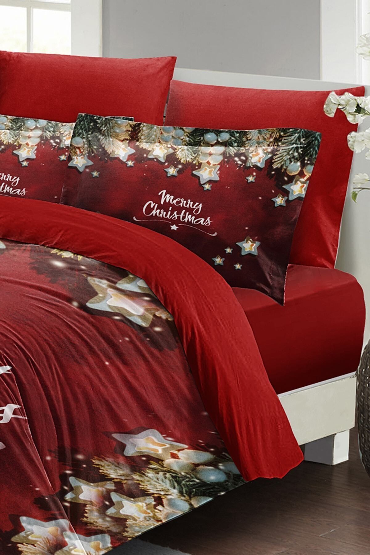 Yılbaşı Nevresim Takımı (Lastikli Çarşaflı) Çift Kişilik %100 Pamuk Saten Stars Noel