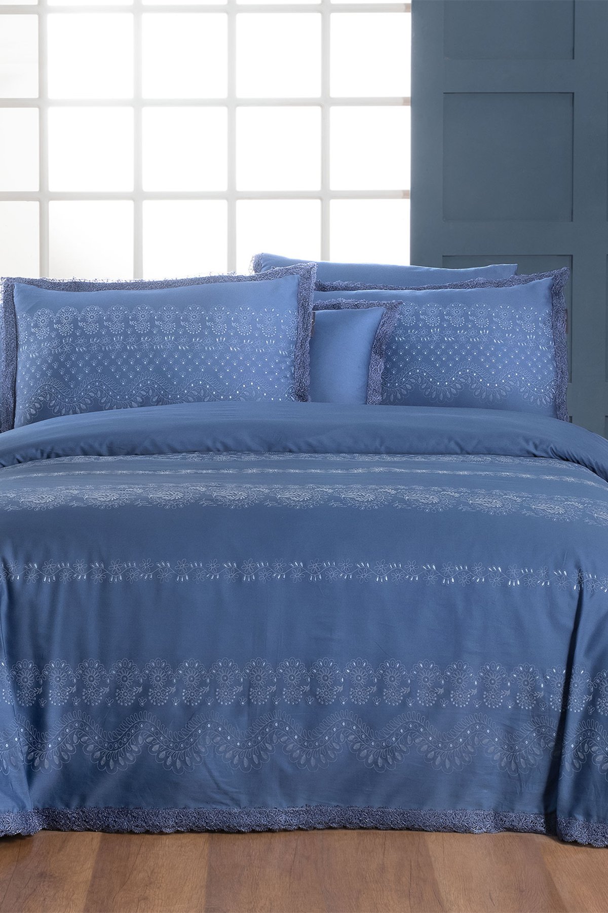 Perry Mavi King Size (Battal Boy) %100 Pamuk Saten "300 TC" Nevresim Takımı