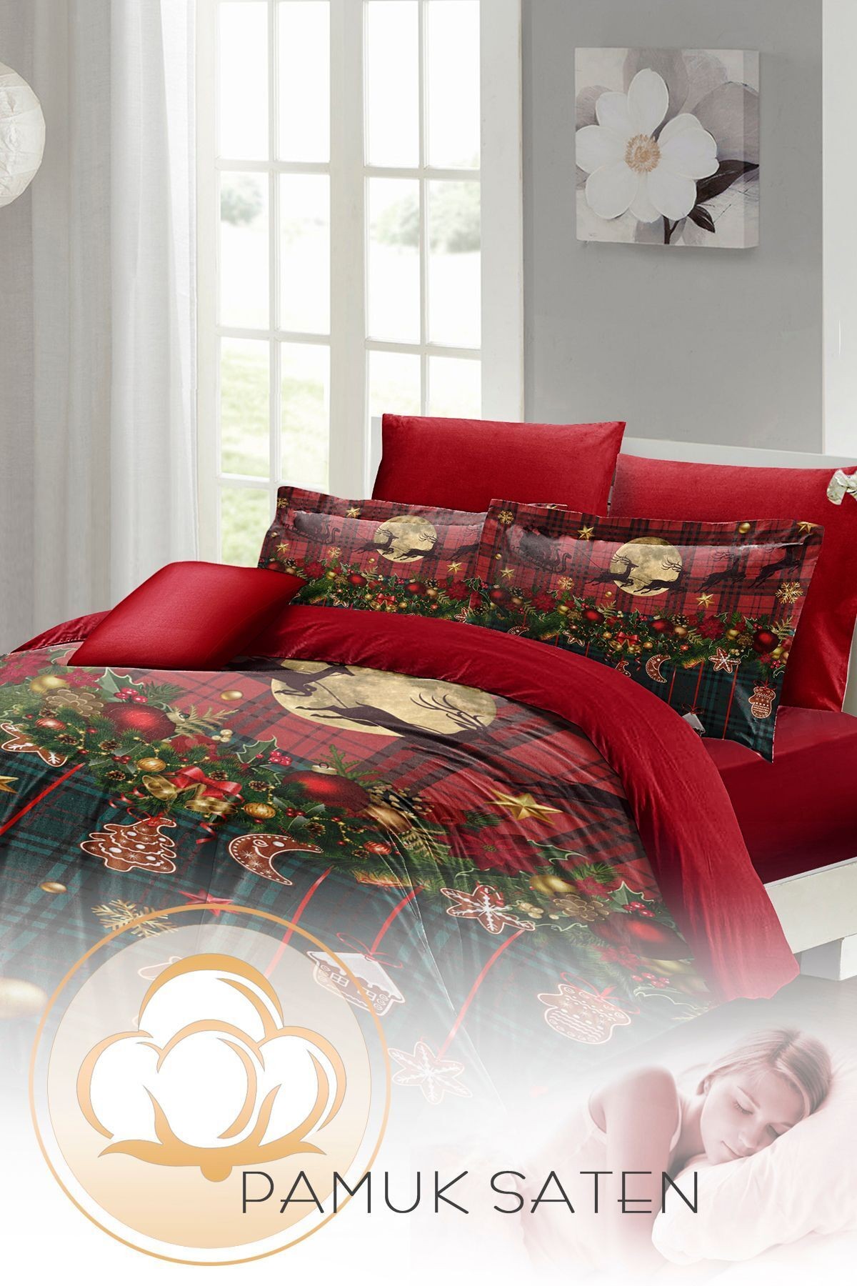 Yılbaşı Çift Kişilik Nevresim ( Lastikli Çarşaflı ) %100 Pamuk Saten Christmas Decorations