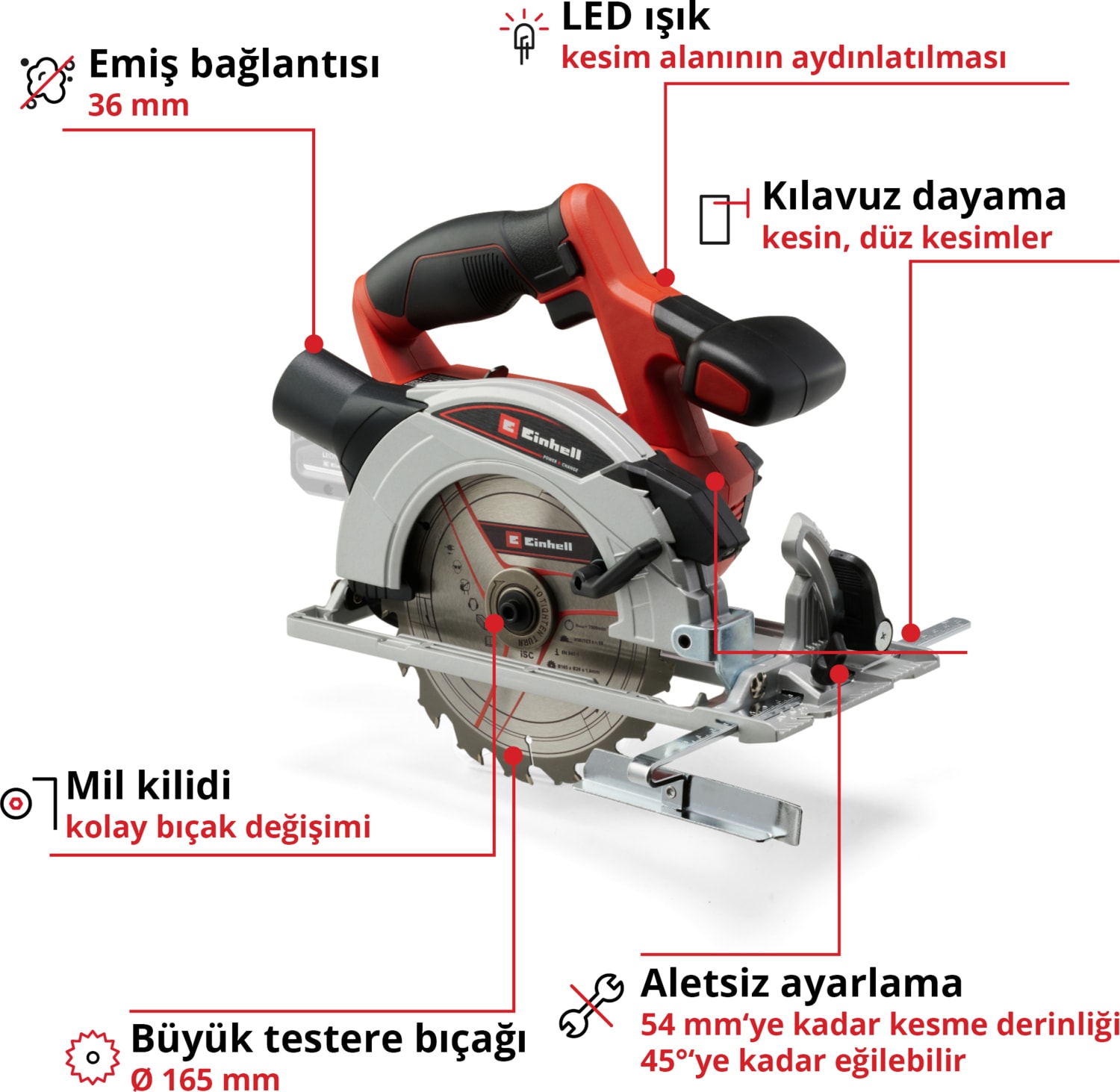 Akülü Daire Testere TE-CS 18/165-1 Li-Solo Power X-Change (18 V, Li-Ion, Ø165 x Ø20 mm Testere Bıçağı, Aletsiz Kesim Derinliği ve Açı Ayarı, Akü ve Şarj Cihazı Dahil Değildir) - 4331207