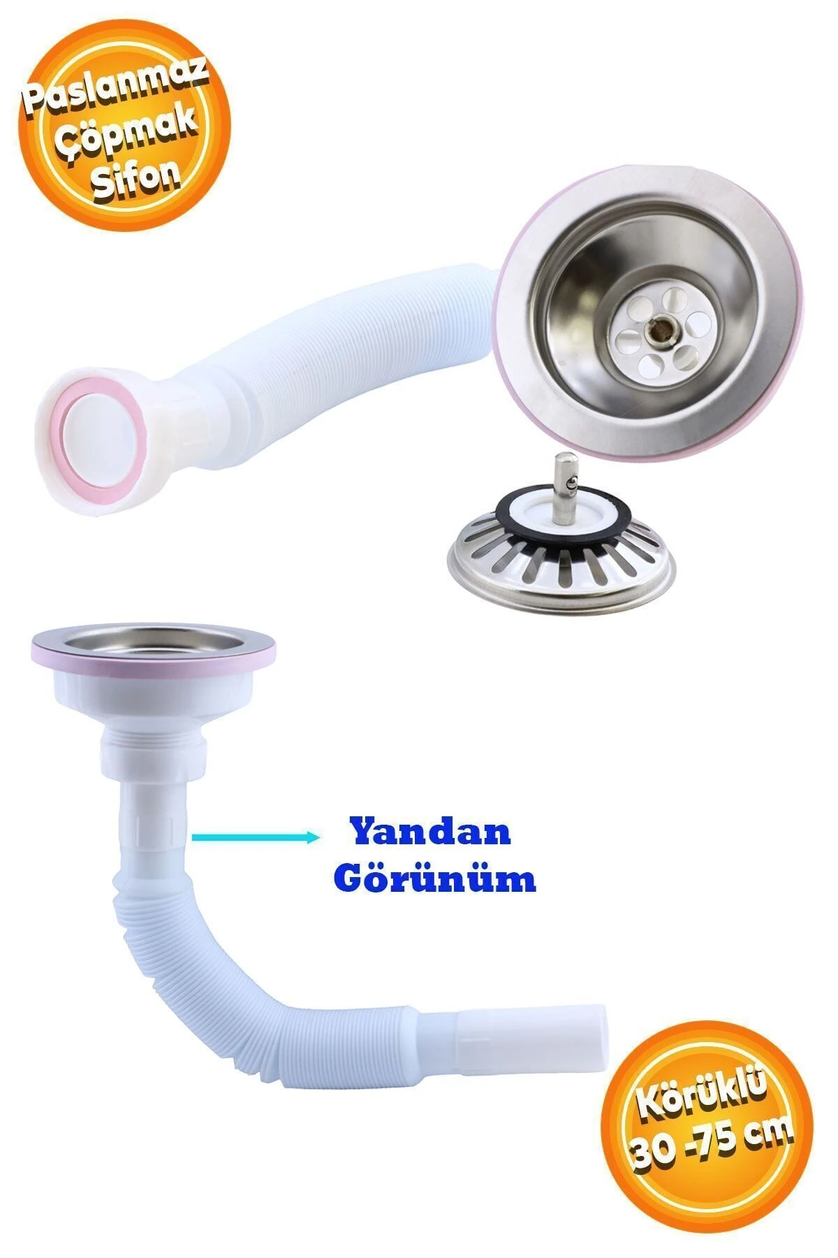 Lüks Çöpmak Körüklü Evye Lavabo Evye Sifonu Pis Su Gideri Borusu Plastik Geniş Kafa 30 -75 Cm