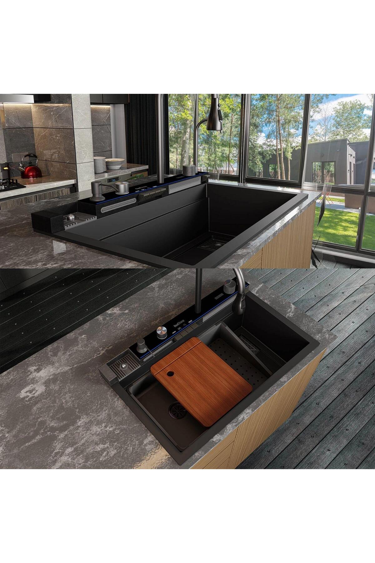 Real Stone Victoria Granit Akıllı Eviye Seti Siyah 75.5X47 cm