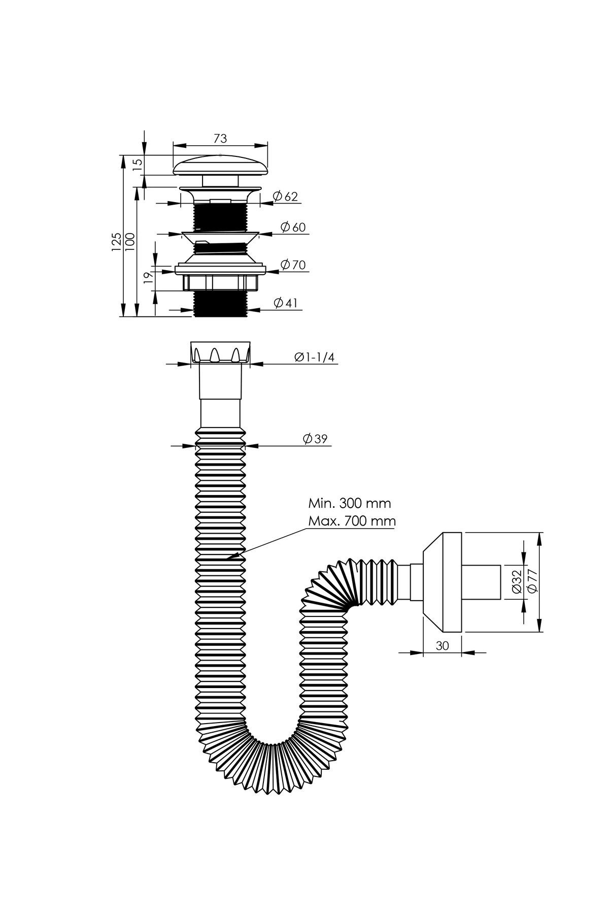 Sifon Tapası - Bas Aç - Parlak Krom Başlıklı -Taşma Delikli-Pis Su Çıkış Borusu Dahil