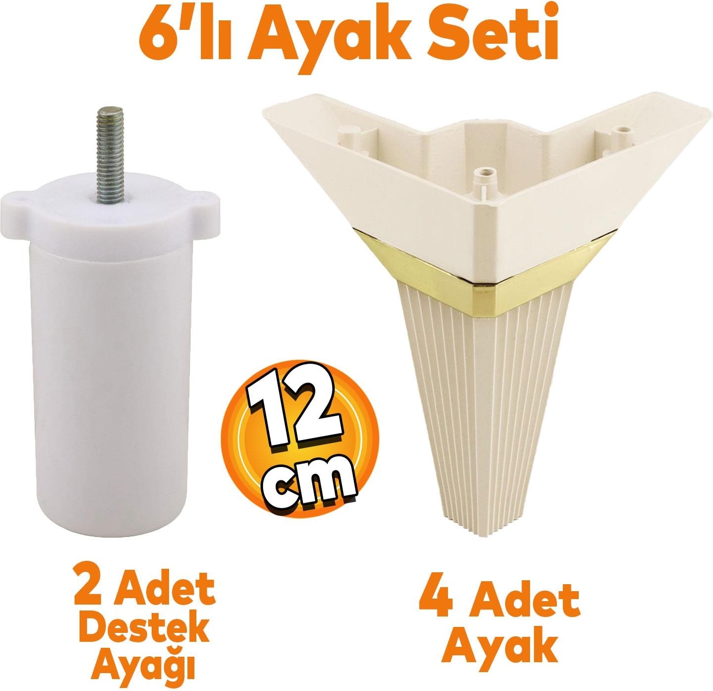 Alcazar Köşe 6'lı Set Mobilya Tv Ünitesi Çekyat Koltuk Kanepe Destek Ayağı 12 cm Krem M8 Civatalı