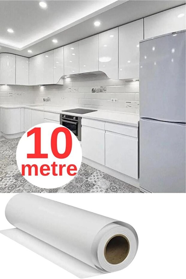 50cm x 10 Metre 1 Adet Yapışkanlı Folyo Parlak Beyaz Mutfak Duvar Kaplama Folyosu Kağıdı