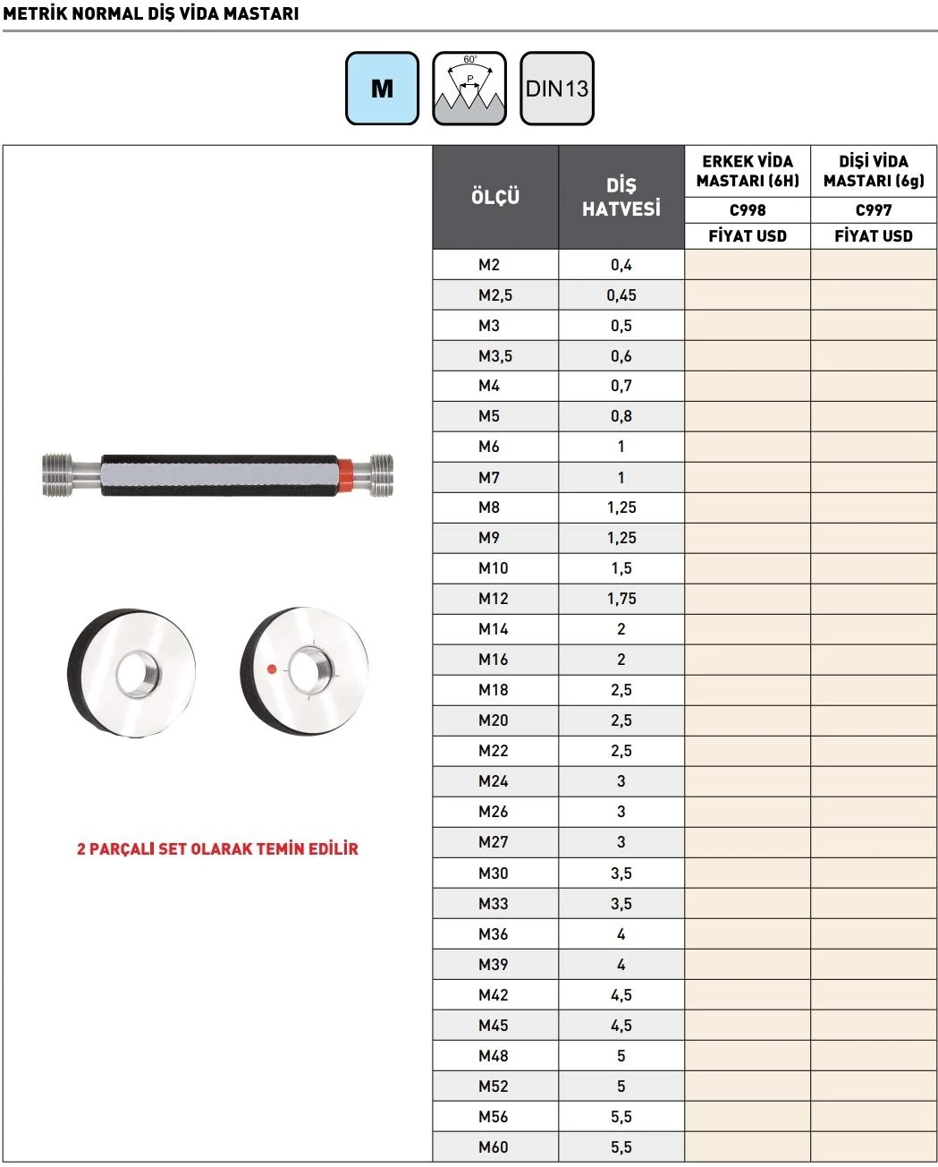 M20X2,5 Pld C997 Metrik Dişi Normal Diş Vida Mastarı