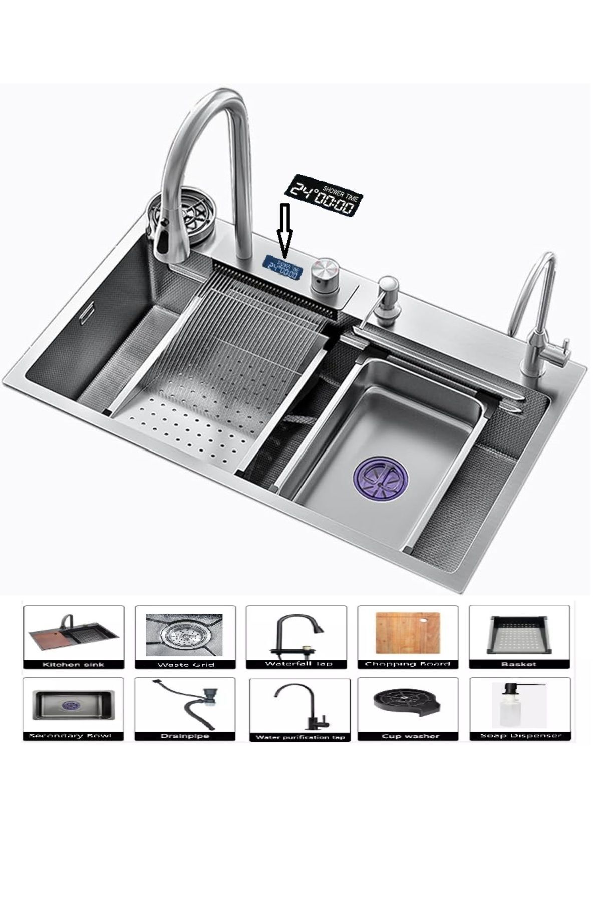 Teknolojik Mutfak Eviyesi Piyano Tuşlu Dijital Göstergeli 304 Krom Gövde Metalik Renk Full