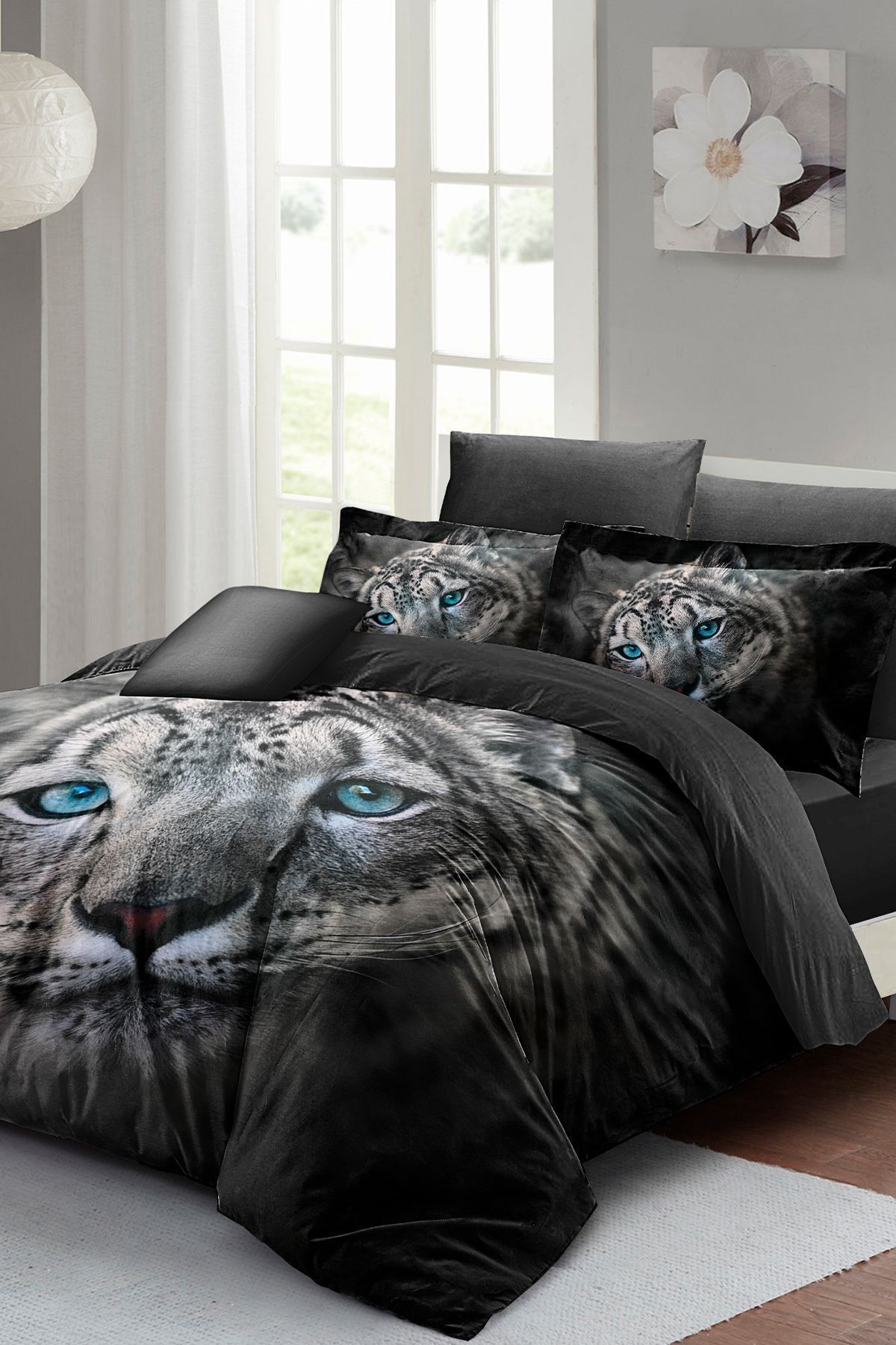 Leopar Lastikli Çarşaflı %100 Pamuk Saten Çift Kişilik Nevresim Takımı Blue Leopard