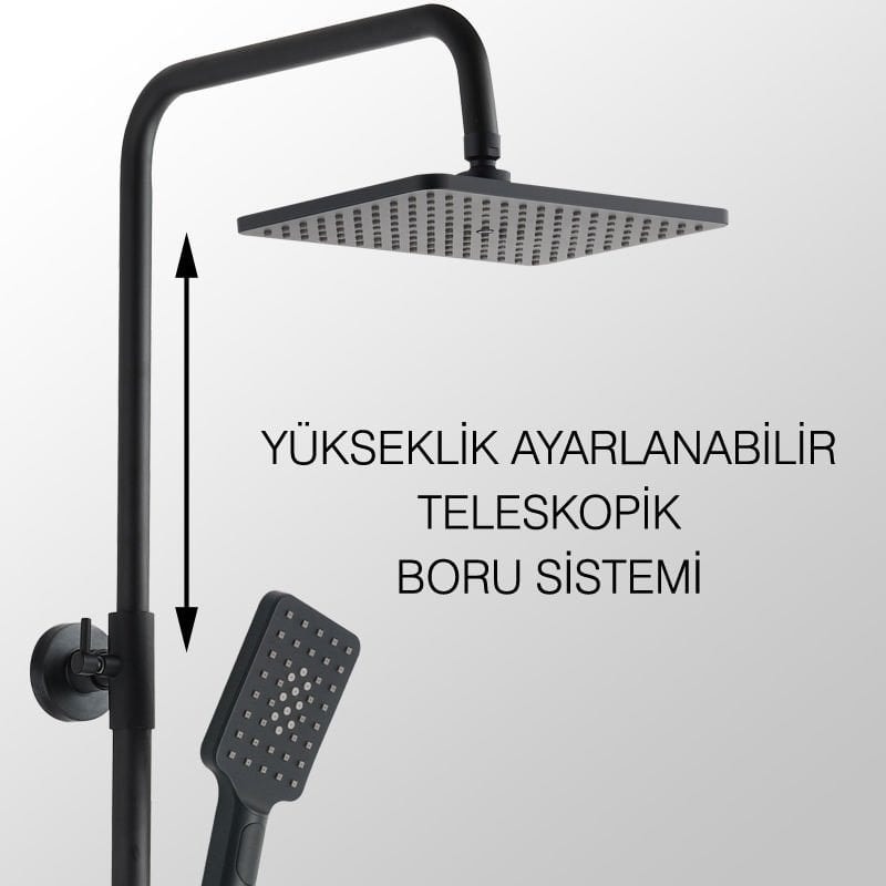Teleskopik Kolonlu Tepe Duş Seti Robot Duş Yağmurlama 3 Fonksiyon El Başlıklı Siyah KDS122-2B