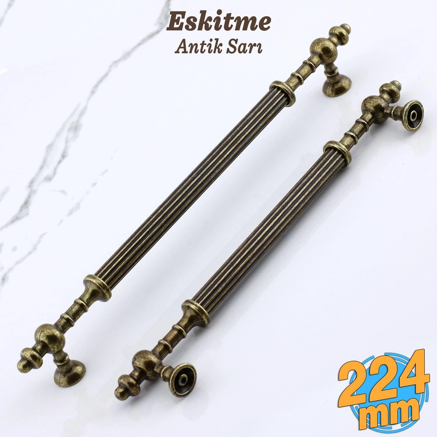 Kader Eskitme Antik Sarı Metal Kulp 224 mm - 22.4 cm Mobilya Mutfak Dolabı Dolap Kulpları Çekme Kulbu