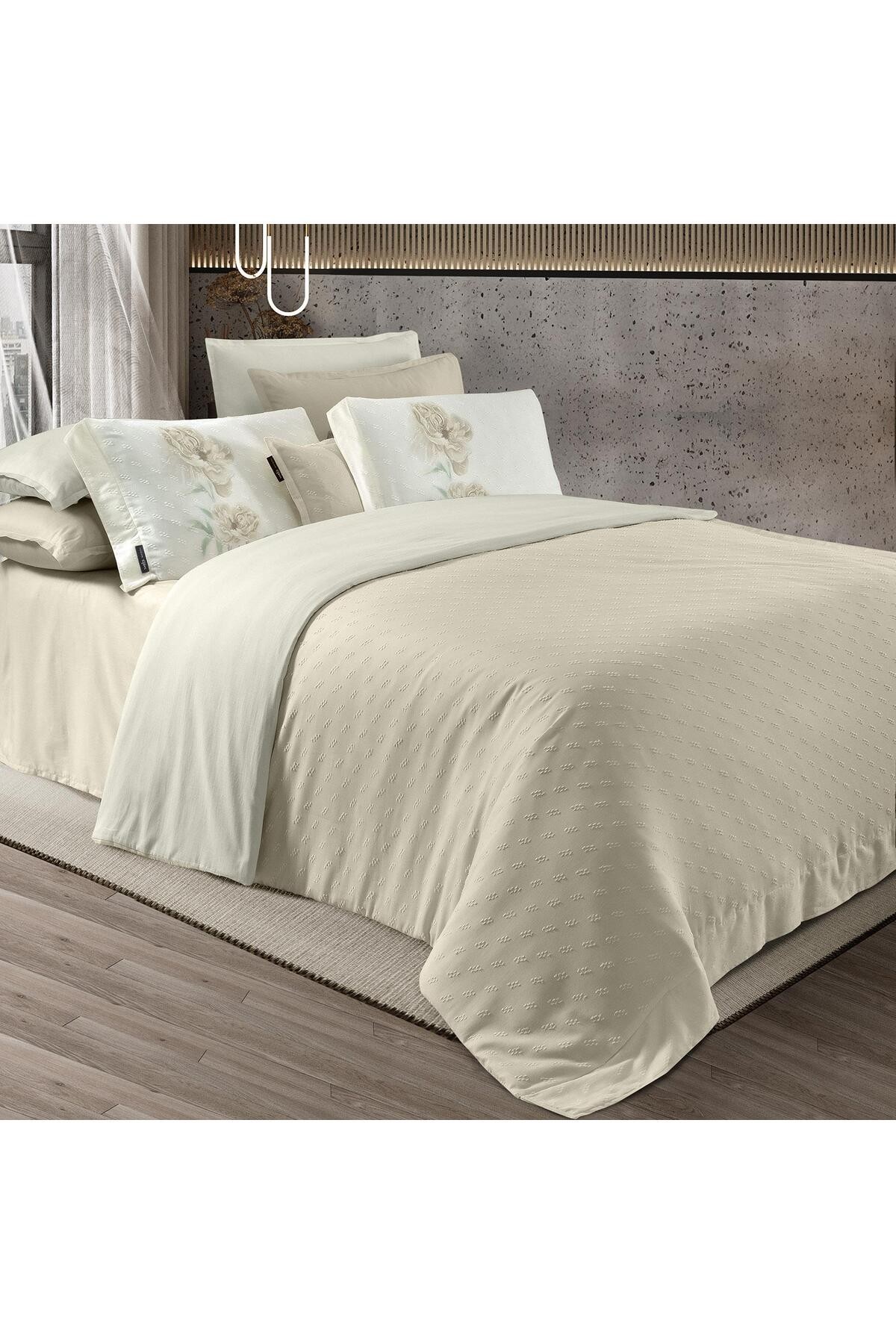 Lorent Ekru King Size (Battal Boy) %100 Pamuk Nevresim Takımı Ekru
