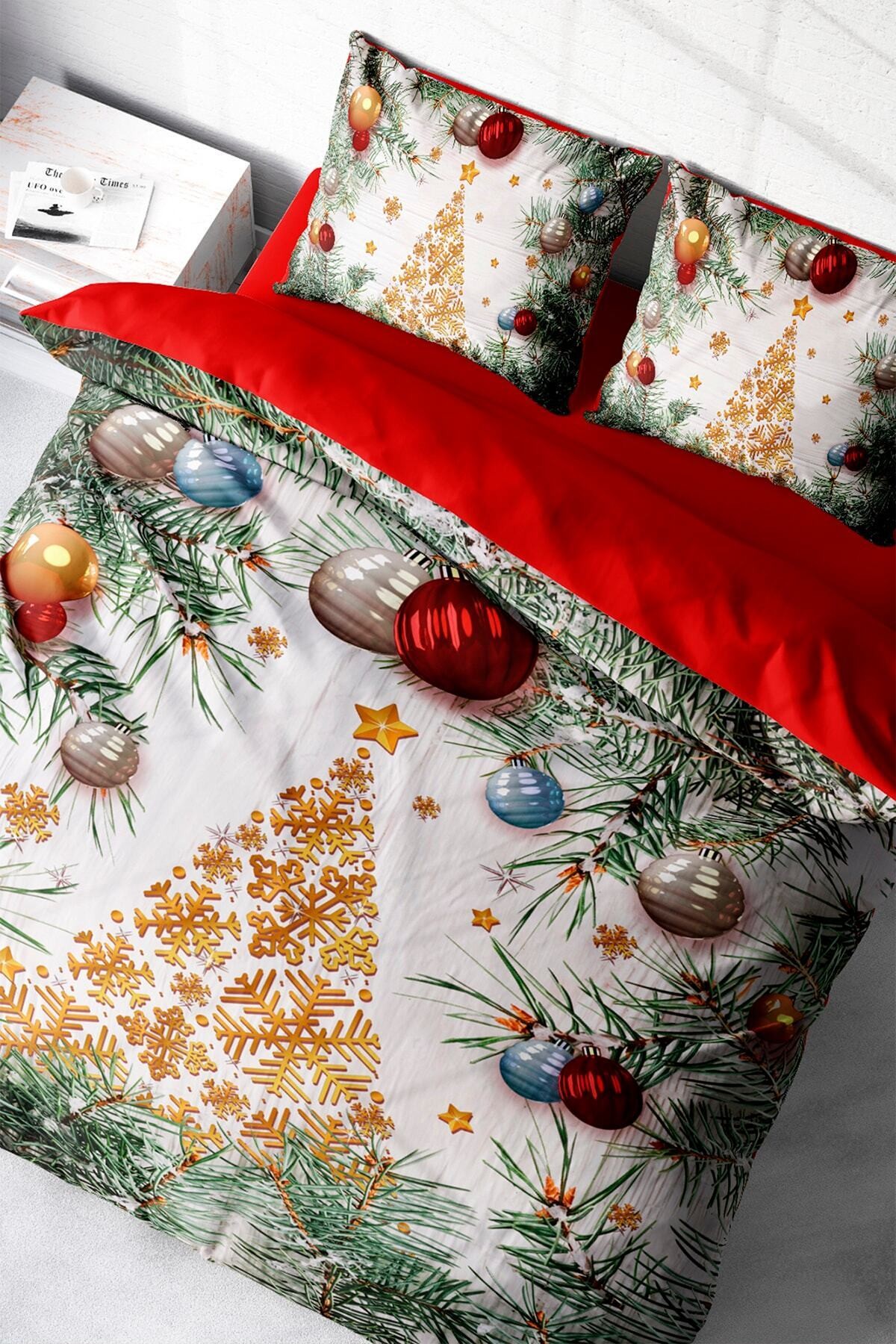Kıng Sıze Yılbaşı Merry Christmas Çift Kişilik 3d Nevresim Takımı Pamuk Saten Pine 220x240cm