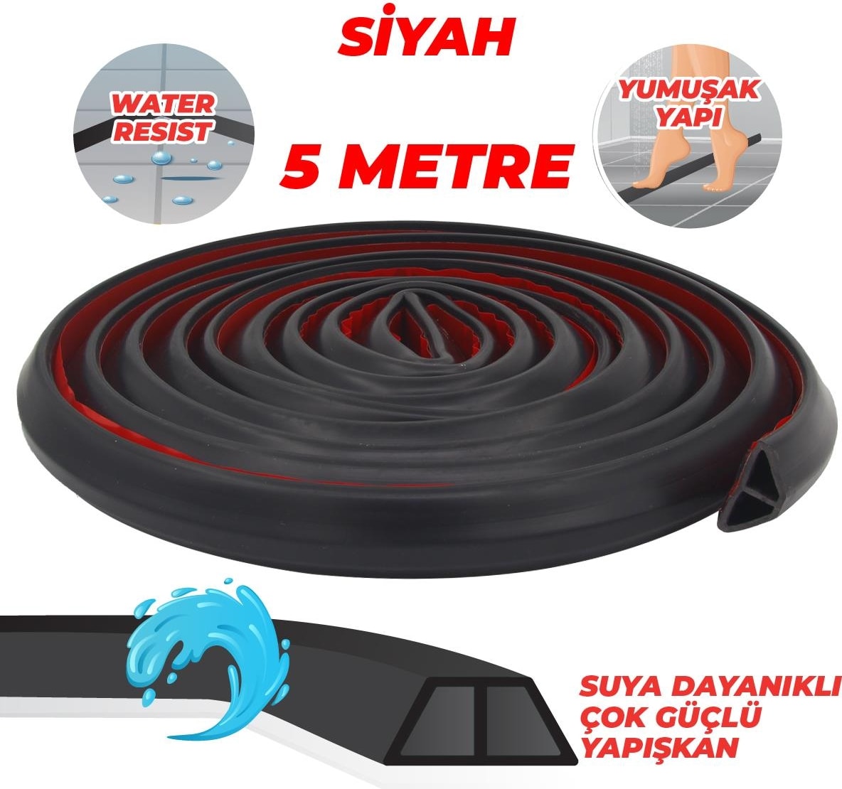 OZKUVVET Duş, Kapı Eşiği, Mutfak Tezgahı Etrafı Su Kesici Bariyer Siyah 5 Metre