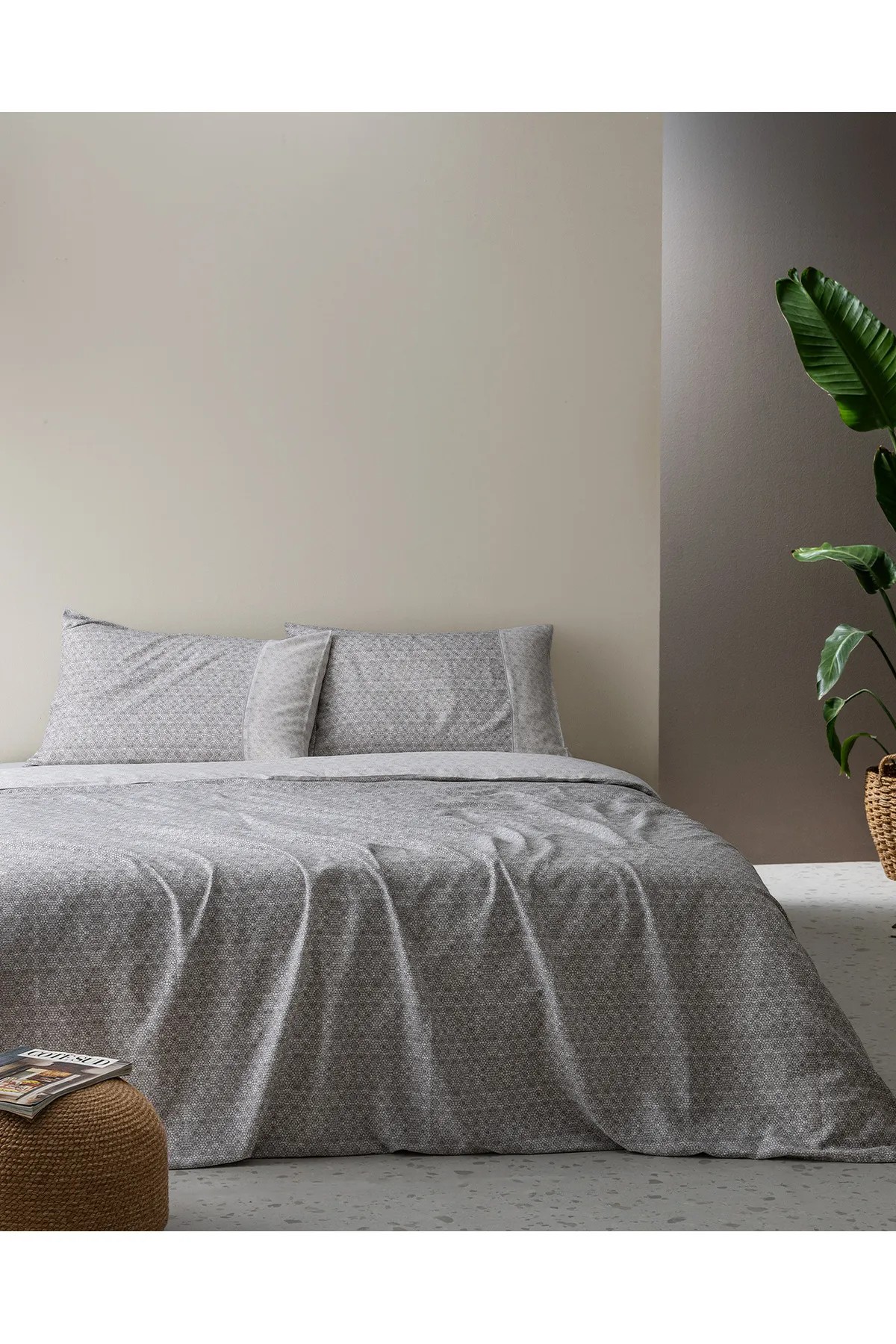 Lavem King Size %100 Pamuk  Crep Baskılı Nevresim Takımı - Gri