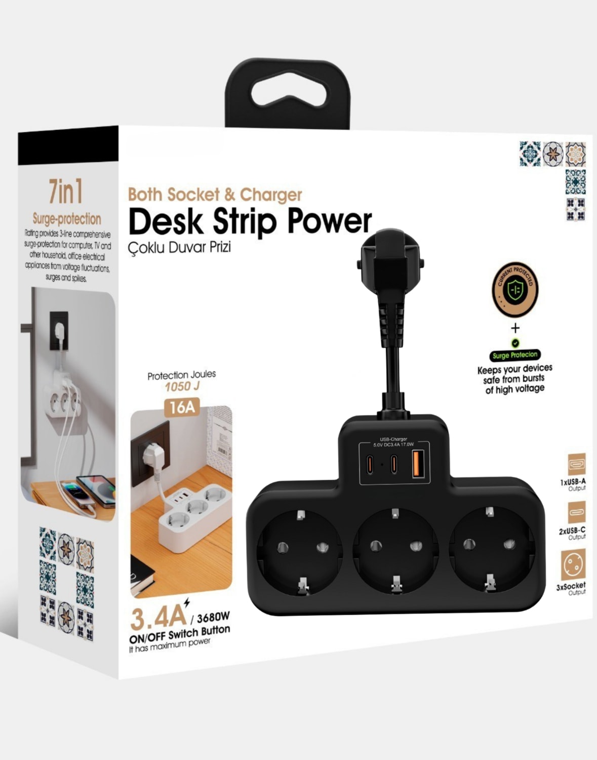 Çoklu Kablolu Priz Yüksek Gerilim Korumalı 3'lü Priz 1x USB 2x Type-C Çıkışlı Grup Priz Çoğaltıcı